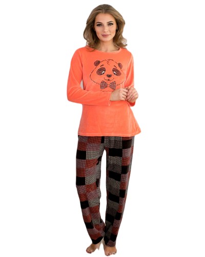 Pijama Terciopelo Largo Manga Larga Mujer Oso Panda Tundosado Naranja