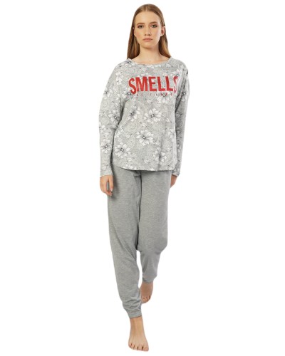 Pijama Mujer Largo Manga Larga Flor Smells Gris