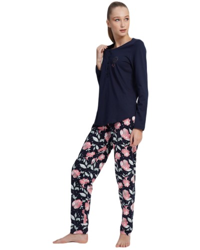 Pijama Mujer Largo Manga Larga Botones Flor Marino