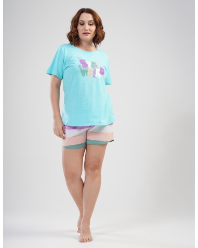 Pijama Talla Grande Corto Manga Corta Mujer Rayas Azul