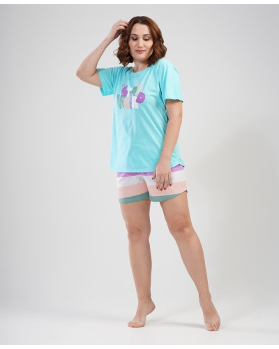 Pijama Talla Grande Corto Manga Corta Mujer Rayas Azul