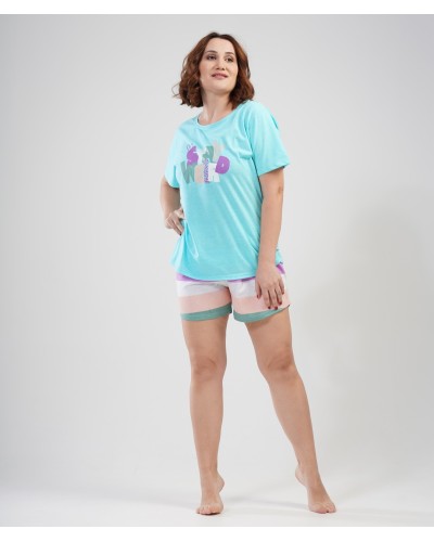 Pijama Talla Grande Corto Manga Corta Mujer Rayas Azul