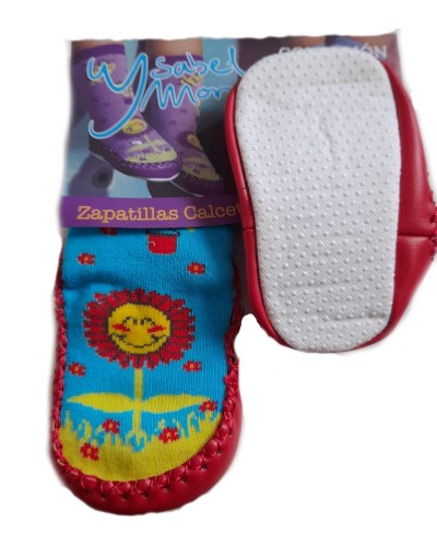 Zapatilla Calcetin Bebe Flor Rojo