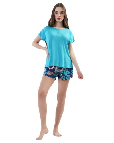 Pijama Corto Manga Corta Mujer Boton Flor Liso Turquesa