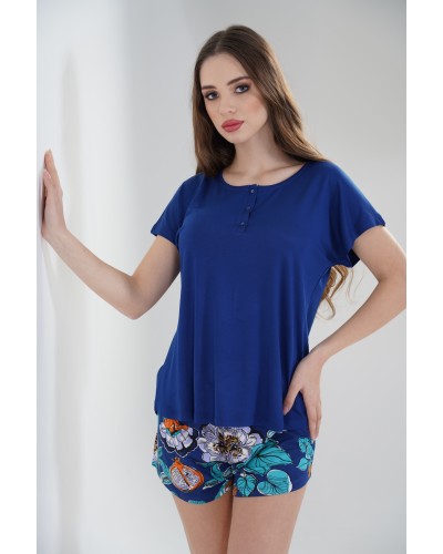 Pijama Corto Manga Corta Mujer Boton Flor Liso Azulon