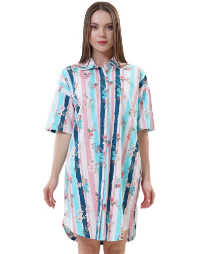 Bata Manga Corta Mujer Boton Camisa Flores