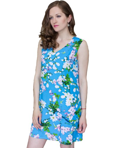 Vestido Corto Tirante Ancho Mujer Bolsillo Azul Flor