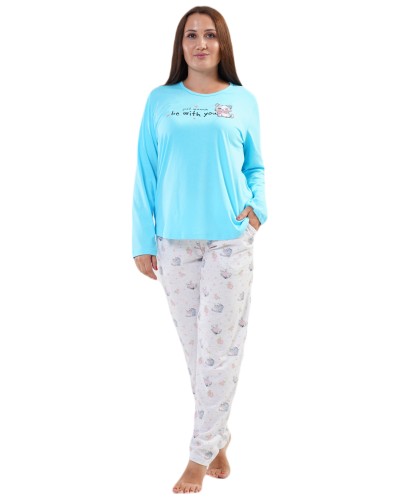 Pijama Talla Grande Mujer Largo Manga Gato Azul