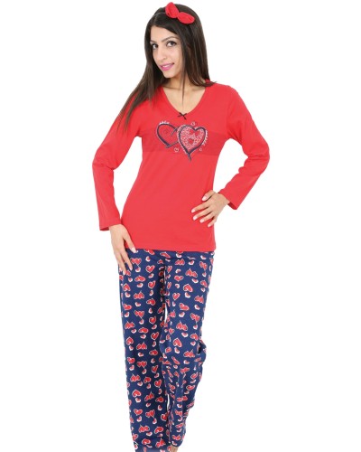 Pijama Largo Manga Larga Mujer Pareja de Corazon Rojo