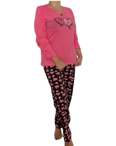 Pijama Largo Manga Larga Mujer Pareja de Corazon Rosa