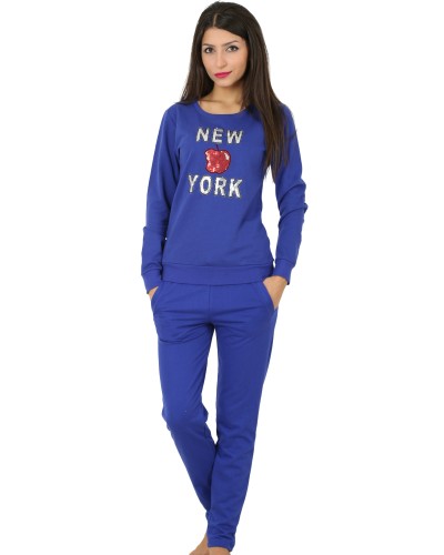 Conjunto Perchado/Felpa Largo Manga Larga Mujer New York Azul