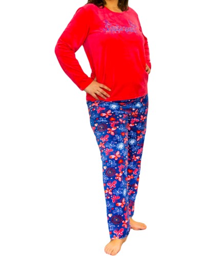 Pijama Terciopelo Talla Grande Largo Manga Larga Mujer Tundosado Happies Mariposa Rojo