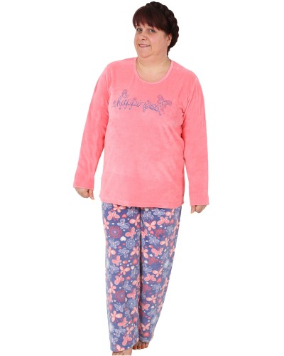 Pijama Terciopelo Talla Grande Largo Manga Larga Mujer Tundosado Happies Mariposa Rosa