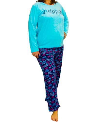 Pijama Terciopelo Talla Grande Largo Manga Larga Mujer Tundosado Happy Turquesa