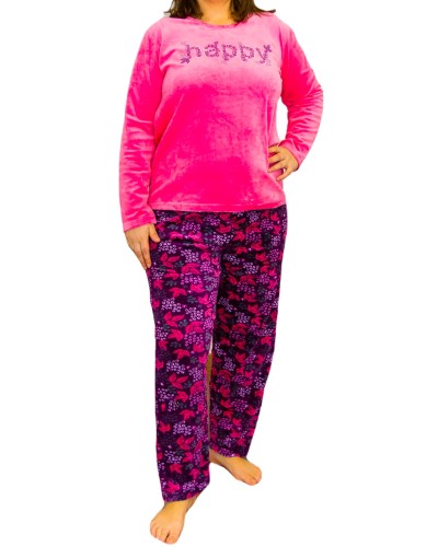 Pijama Terciopelo Talla Grande Largo Manga Larga Mujer Tundosado Happy Rosa