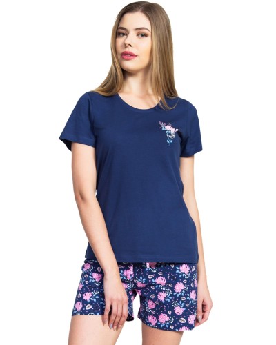 Pijama Corto Manga Corta Mujer Marino Flor Rosa