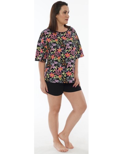 Pijama Talla Grande Corto Manga Corta Mujer Tropical Negro