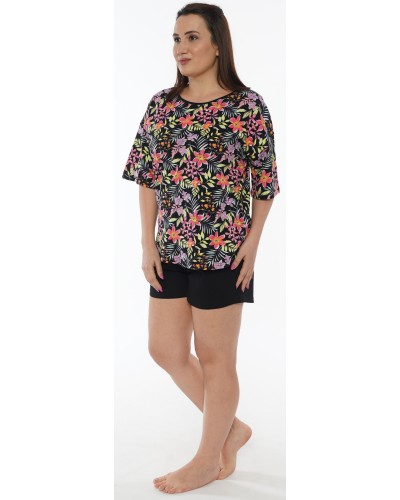 Pijama Talla Grande Corto Manga Corta Mujer Tropical Negro