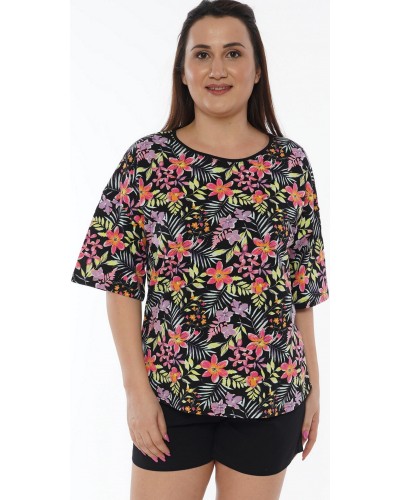 Pijama Talla Grande Corto Manga Corta Mujer Tropical Negro