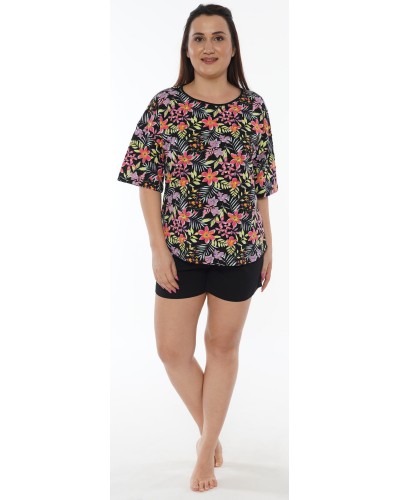 Pijama Talla Grande Corto Manga Corta Mujer Tropical Negro