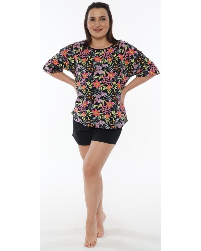 Pijama Talla Grande Corto Manga Corta Mujer Tropical Negro