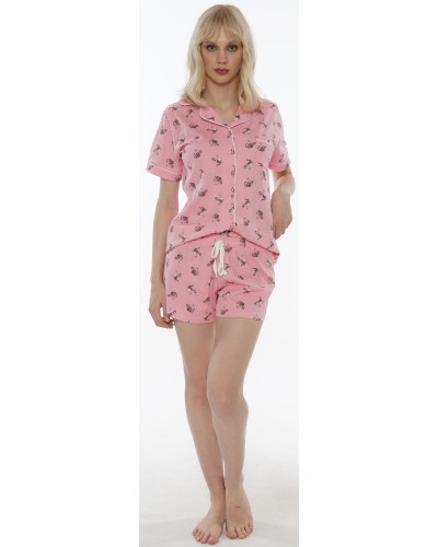 Pijama Corto Manga Corta Chaqueta Mujer Gato Rosa