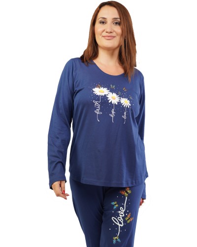 Pijama Talla Grande Mujer Largo Manga Margaritas Marino