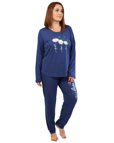 Pijama Talla Grande Mujer Largo Manga Margaritas Marino