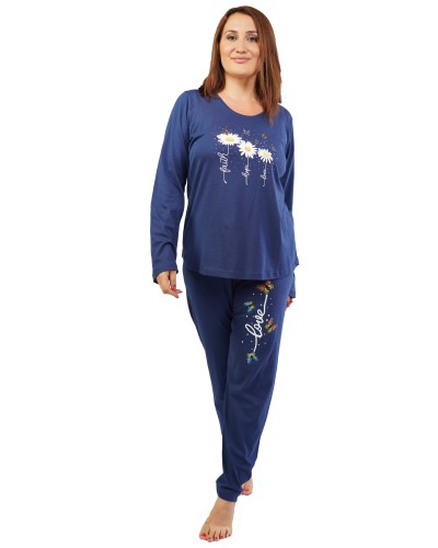 Pijama Talla Grande Mujer Largo Manga Margaritas Marino