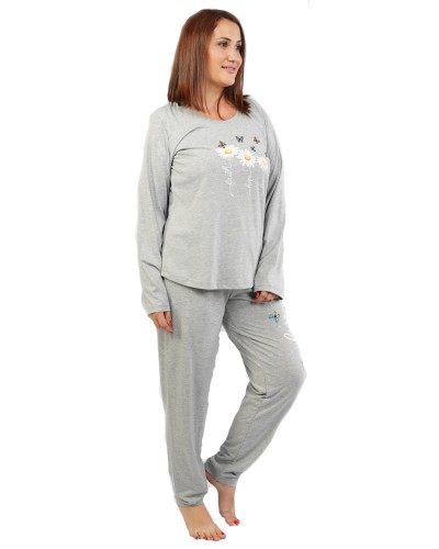 Pijama Talla Grande Mujer Largo Manga Margaritas Gris