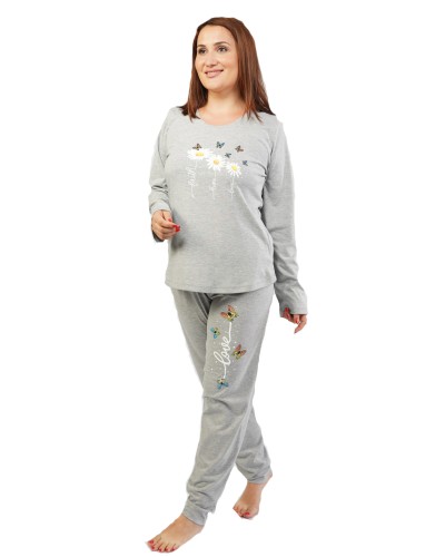 Pijama Talla Grande Mujer Largo Manga Margaritas Gris