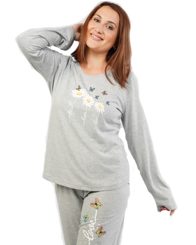 Pijama Talla Grande Mujer Largo Manga Margaritas Gris